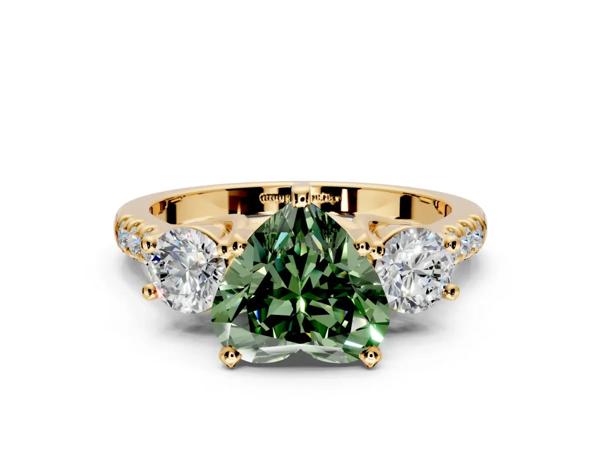 3 Stone Engagement Ring Setting for Fancy Green Heart-Shaped Center with Crossover Basket, Pave Band and Prong Head in Yellow Gold