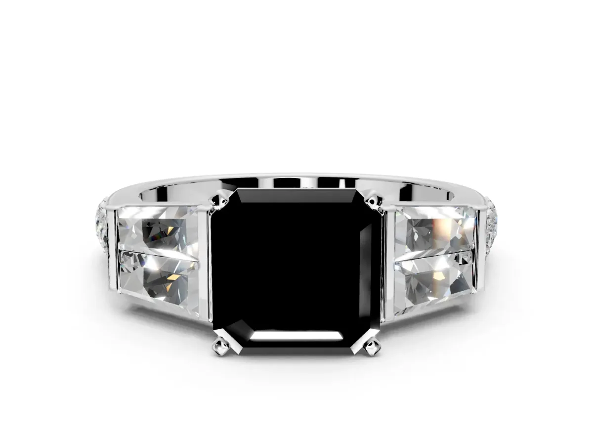 Channel-Set Engagement Ring Setting for Fancy Black Asscher Cut Center with Baguette Band and Prong Head in Platinum