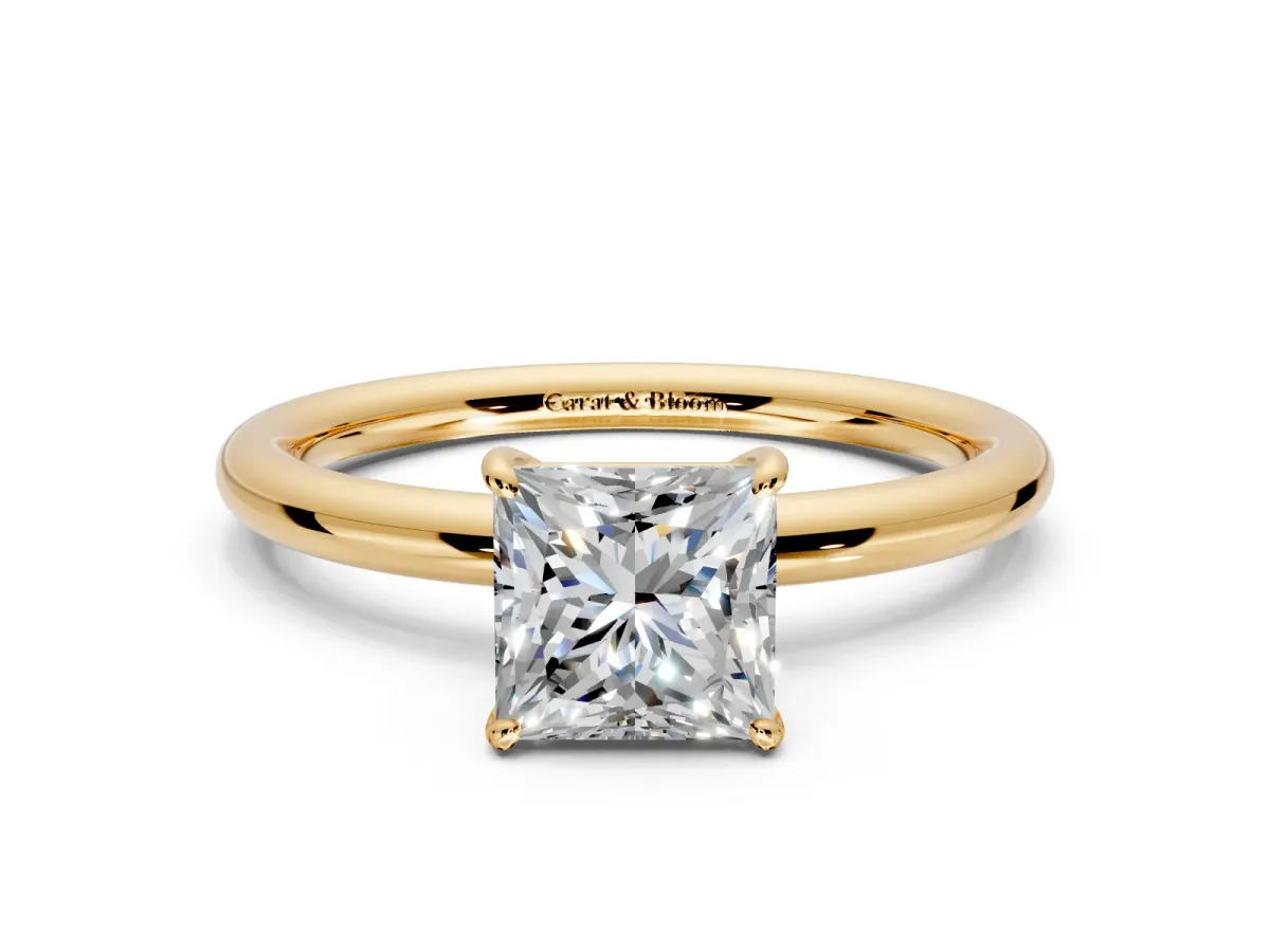 Low-Set Solitaire Engagement Ring Setting for Princess Cut Center with Thin Plain Band and Prong Head in Yellow Gold