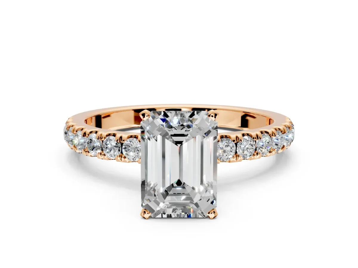 Open Basket Engagement Ring Setting for Emerald Cut Center with Pave Band and Prong Head in Rose Gold