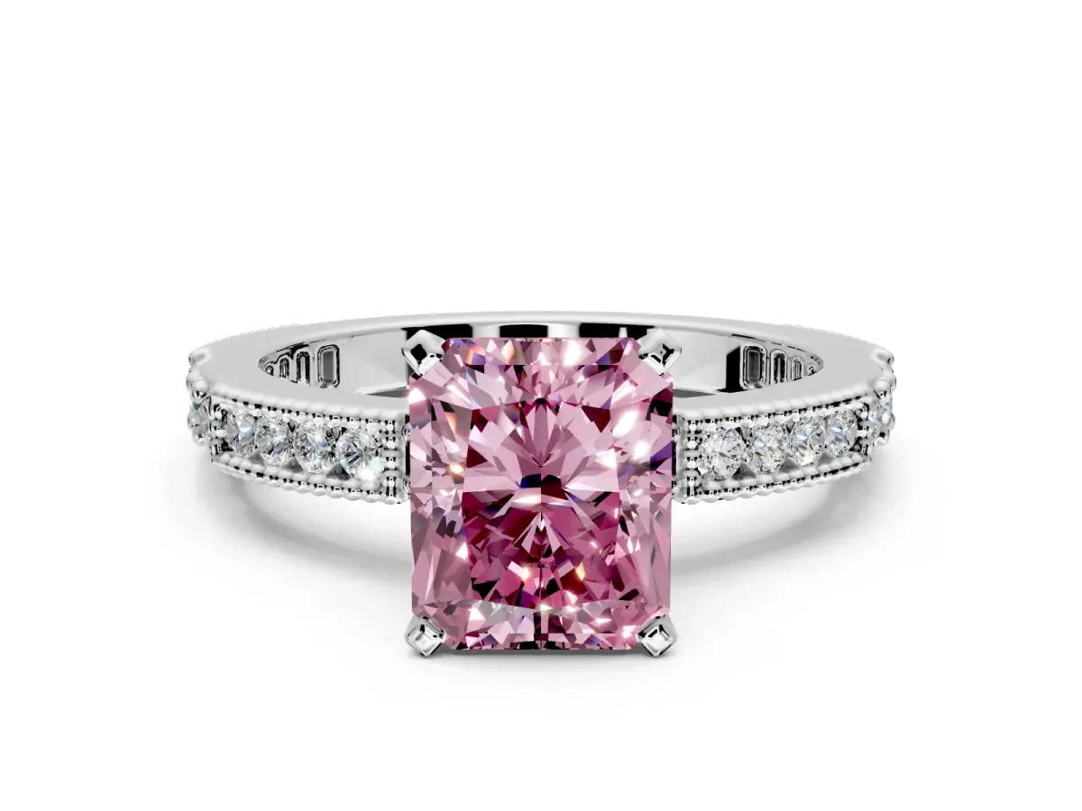 Solitaire Engagement Ring Setting for Fancy Pink Radiant Cut Center with Milgrain-Edged Pave Band and Prong Head in White Gold