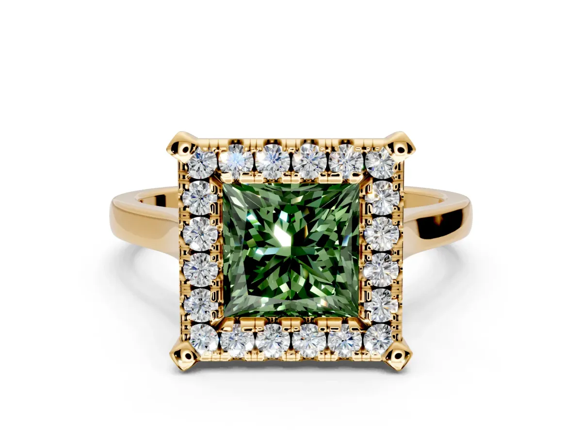 Single Halo Engagement Ring Setting for Fancy Green Princess Cut Center with Corner Claws, Plain Band and Prong Head in Yellow Gold