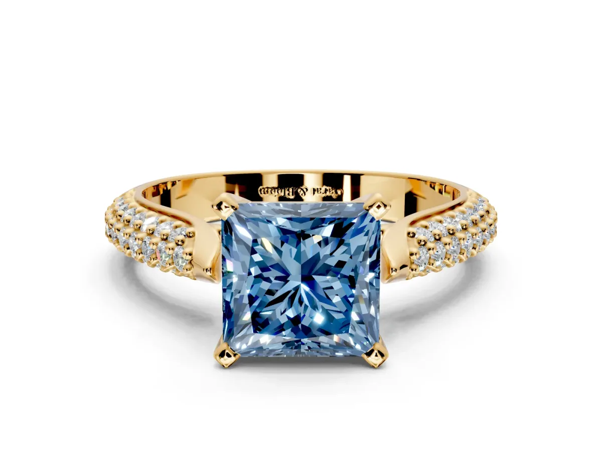 Solitaire Engagement Ring Setting for Fancy Blue Princess Cut Center with Multi-Row Accents and Prong Head in Yellow Gold