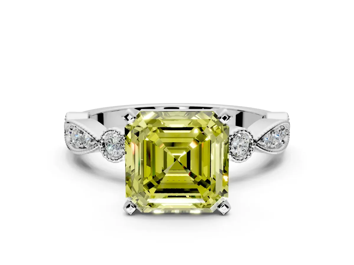 Solitaire Engagement Ring Setting for Fancy Yellow Asscher Cut Center with Milgrain Bezel Accents and Prong Head in Platinum