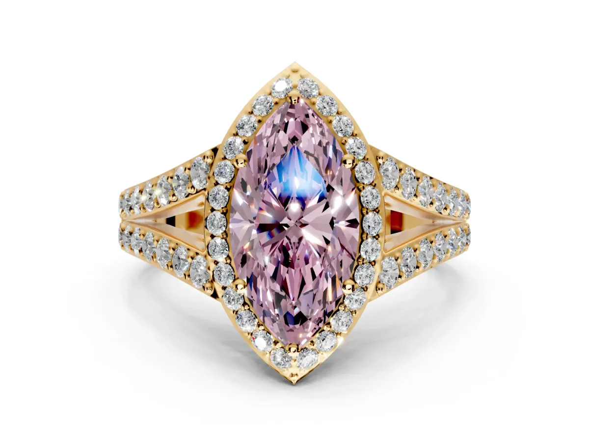 Halo Engagement Ring Setting for Fancy Pink Marquise Center with Narrow Pave Split Shank and Prong Head in Yellow Gold