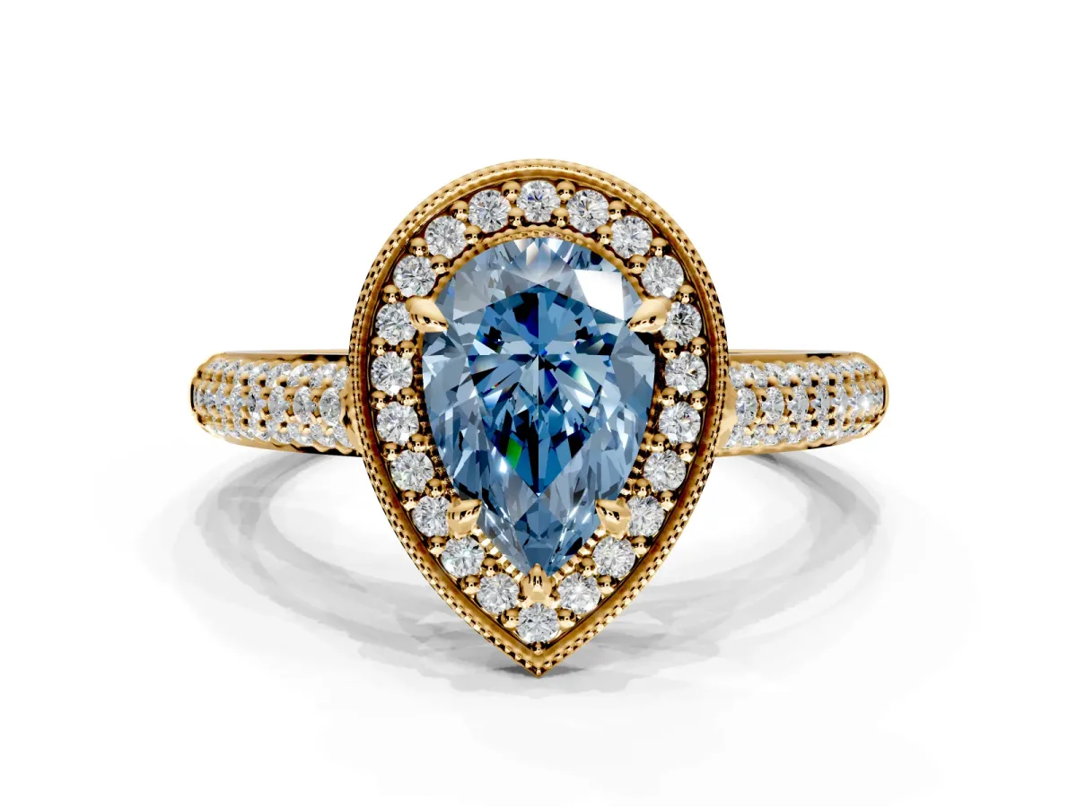 Milgrain Halo Engagement Ring Setting for Fancy Blue Pear-Shaped Center with Three-Sided Pave Band and Prong Head in Yellow Gold