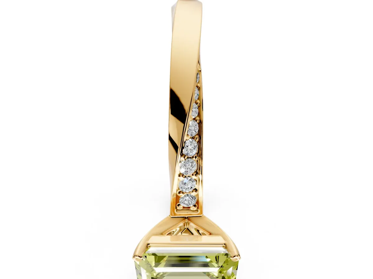 Side Accent Engagement Ring Setting for Fancy Yellow Emerald Cut Center with Accent Shoulders and Prong Head in Yellow Gold