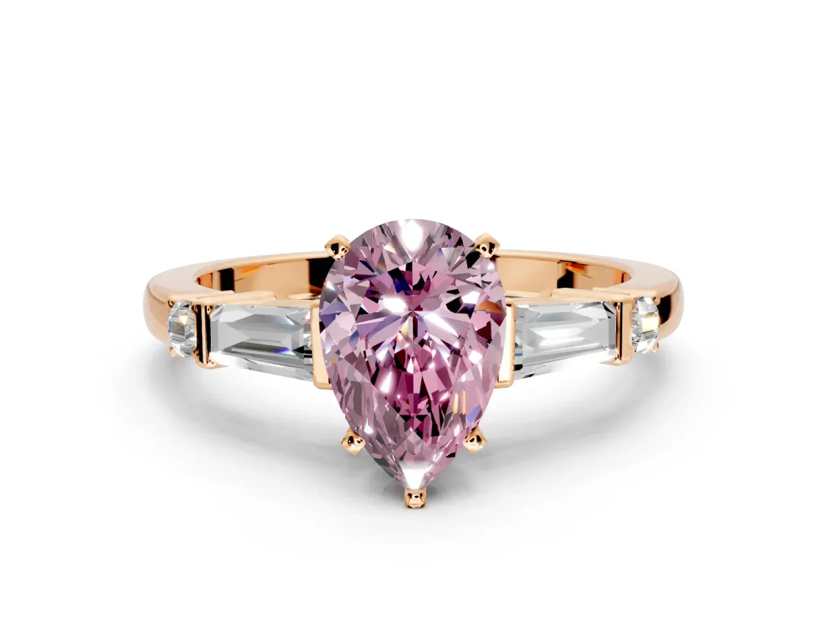 Bar-Set Engagement Ring Setting for Fancy Pink Pear-Shaped Center with Tapered Baguette Accents and Prong Head in Rose Gold