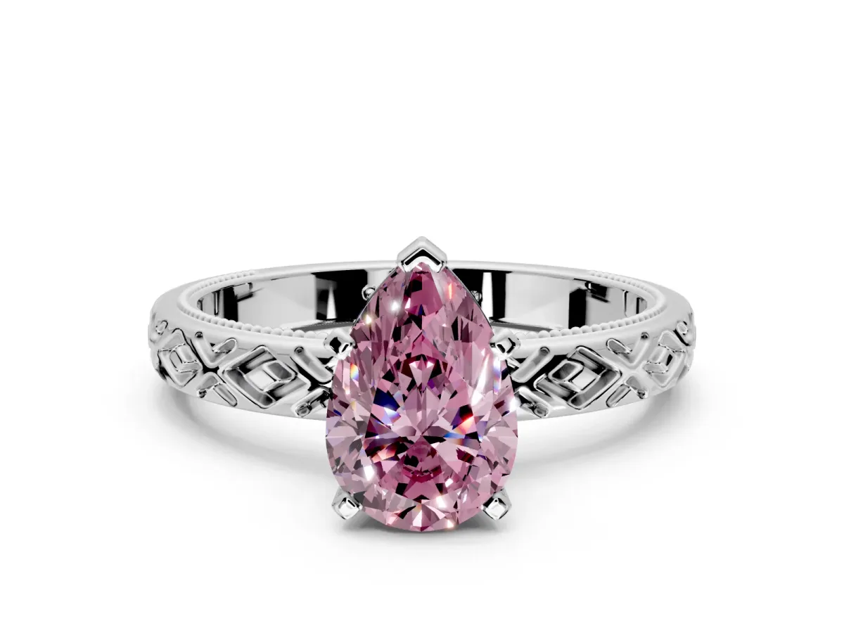 Solitaire Engagement Ring Setting for Fancy Pink Pear-Shaped Center with Milgrain X Pattern Band and Prong Head in Platinum