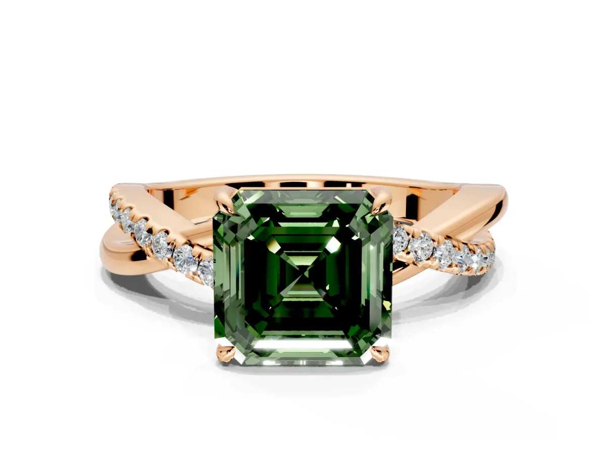 Crossover Engagement Ring Setting for Fancy Green Asscher Cut Center with Pave and Plain Strands and Prong Head in Rose Gold