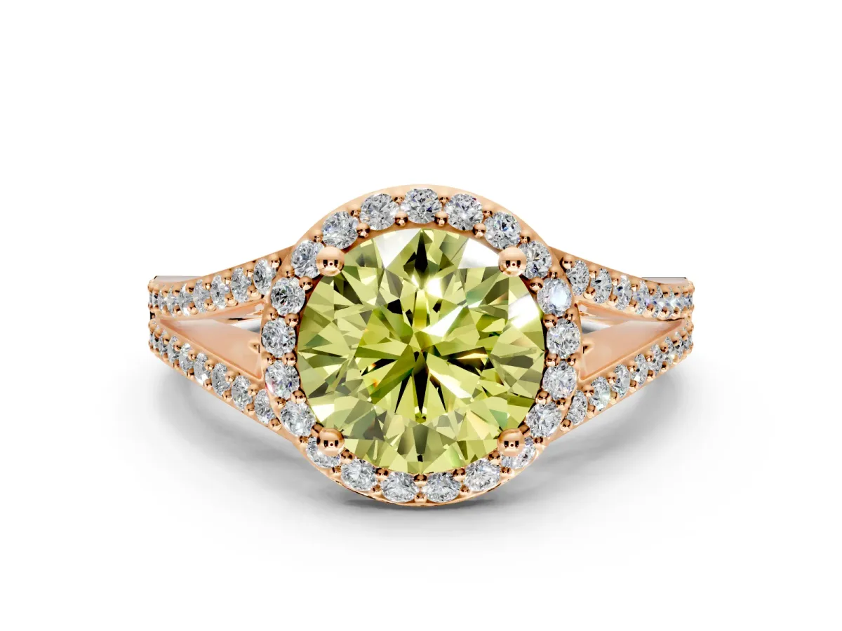 Halo Engagement Ring Setting for Fancy Yellow Round Cut Center with Pave Split Shank and Prong Head in Rose Gold