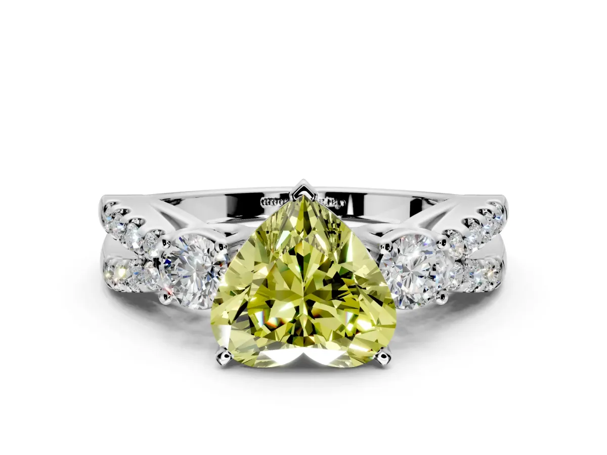 3 Stone Engagement Ring Setting for Fancy Yellow Heart-Shaped Center with Pave Split Shank and Prong Head in Platinum