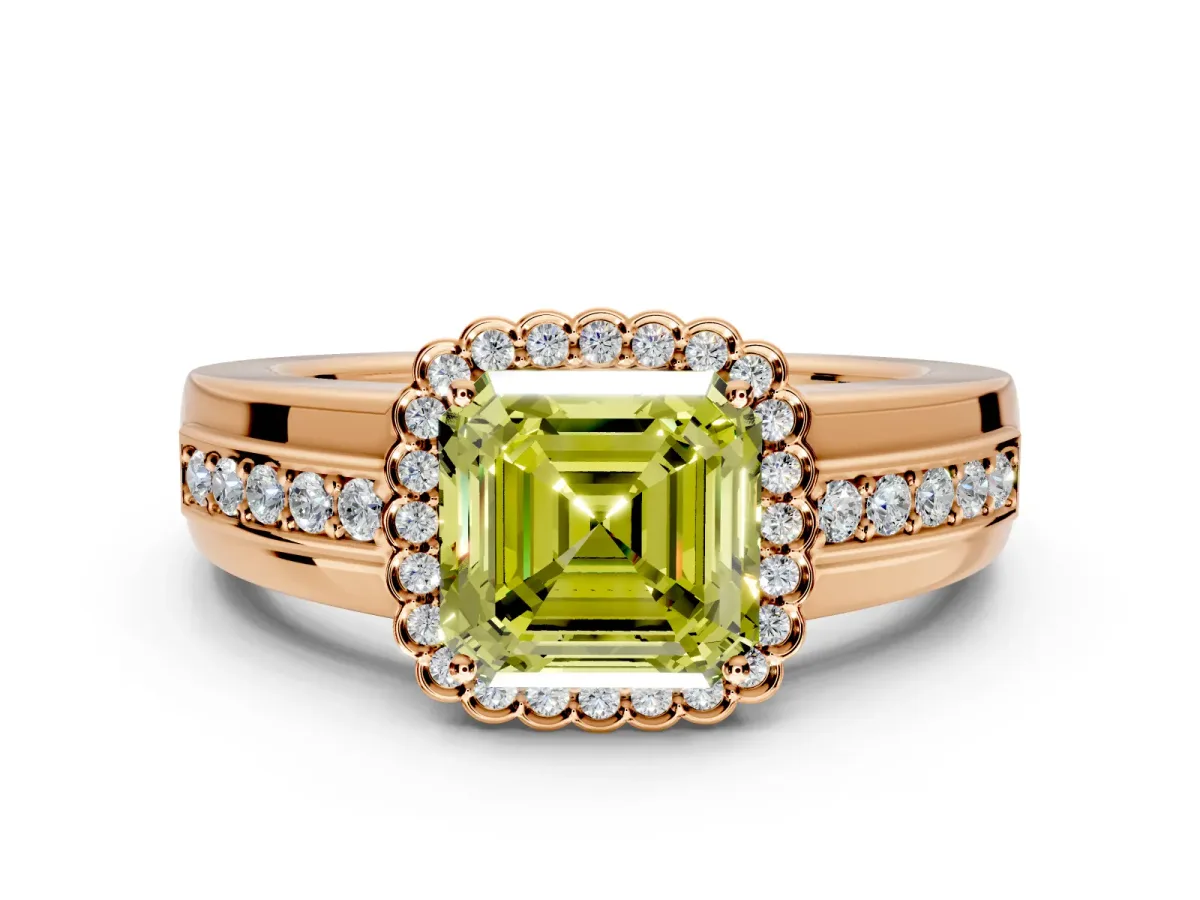 Halo Engagement Ring Setting for Fancy Yellow Asscher Cut Center with Wide Band, Inlaid Accent Row and Prong Head in Rose Gold