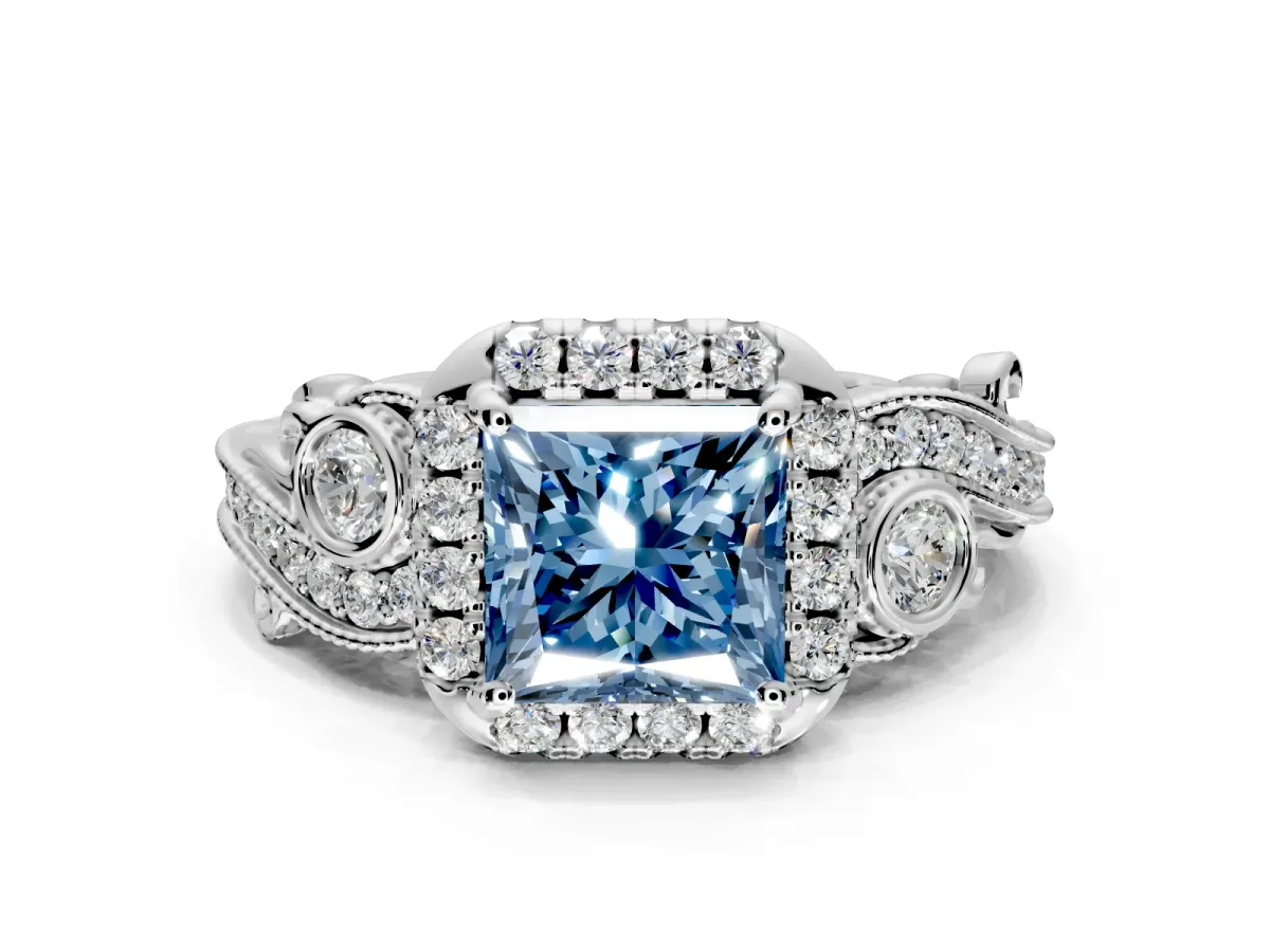 Bypass Halo Engagement Ring Setting for Fancy Blue Princess Cut Center with Bezel Accents, Milgrain and Prong Head in Platinum