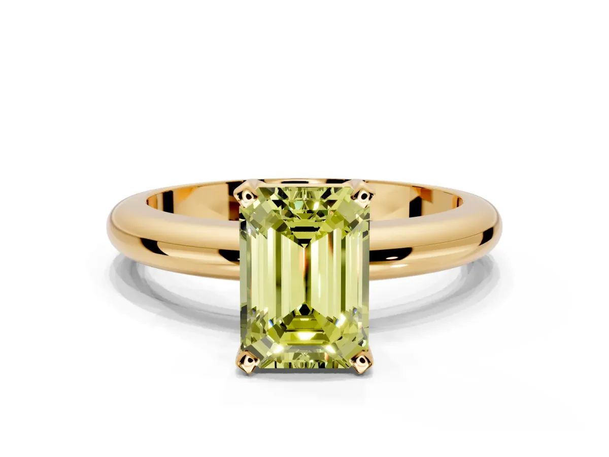 Solitaire Engagement Ring Setting for Fancy Yellow Emerald Cut Center with Wire Band and Prong Head in Yellow Gold