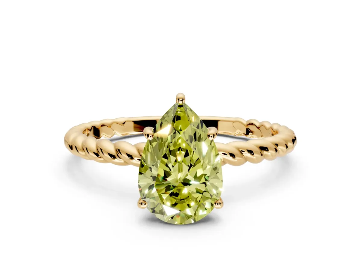 Solitaire Engagement Ring Setting for Fancy Yellow Pear-Shaped Center with Plain Twisted Rope Band and Prong Head in Yellow Gold