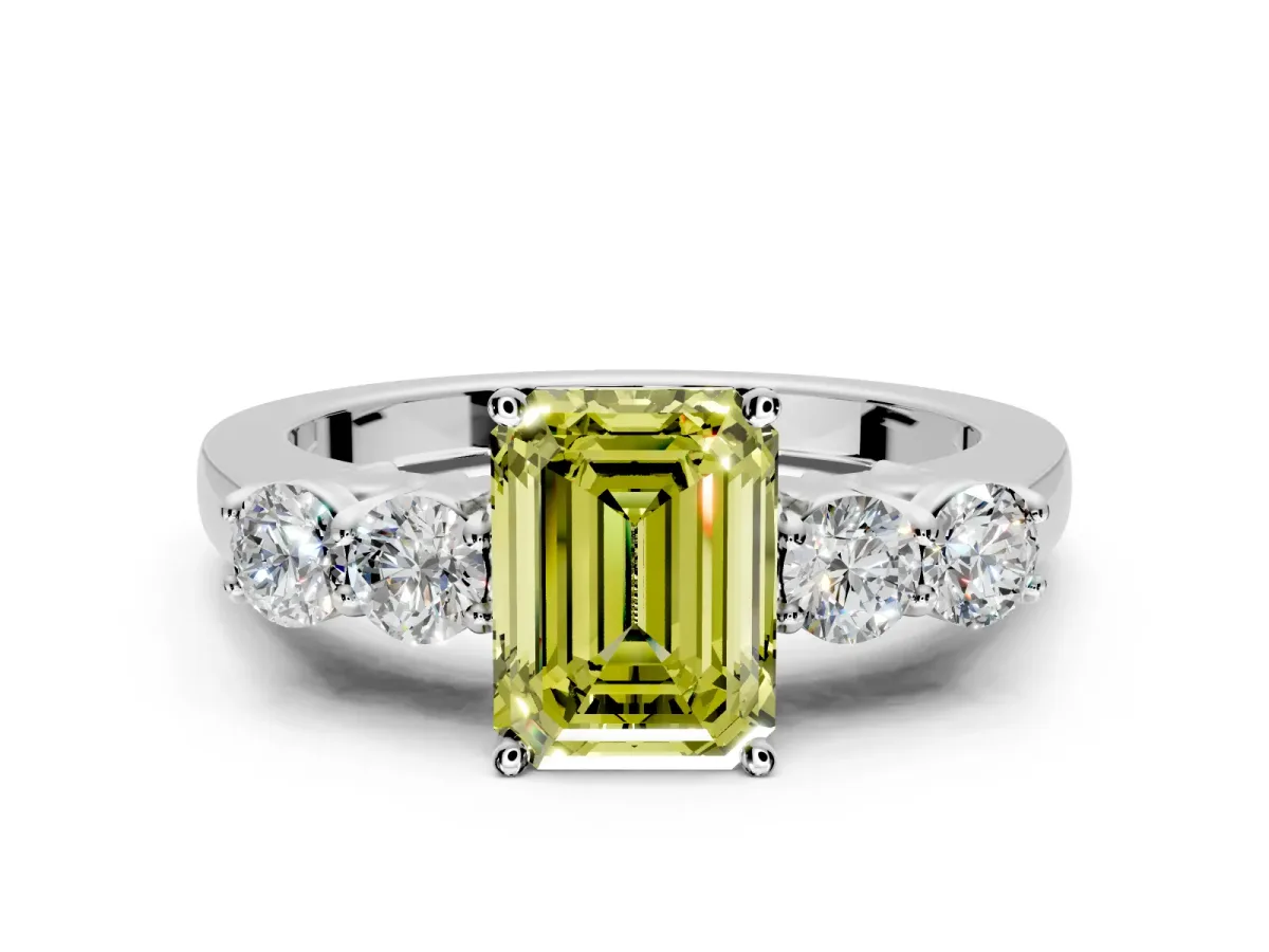 5 Stone Engagement Ring Setting for Fancy Yellow Emerald Cut Center with Equal Close-Set Accents and Prong Head in Sterling Silver