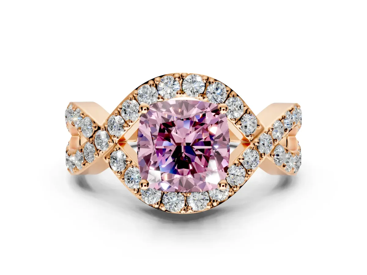 Halo Engagement Ring Setting for Fancy Pink Cushion Cut Center with Pave Infinity Twist Band and Prong Head in Rose Gold