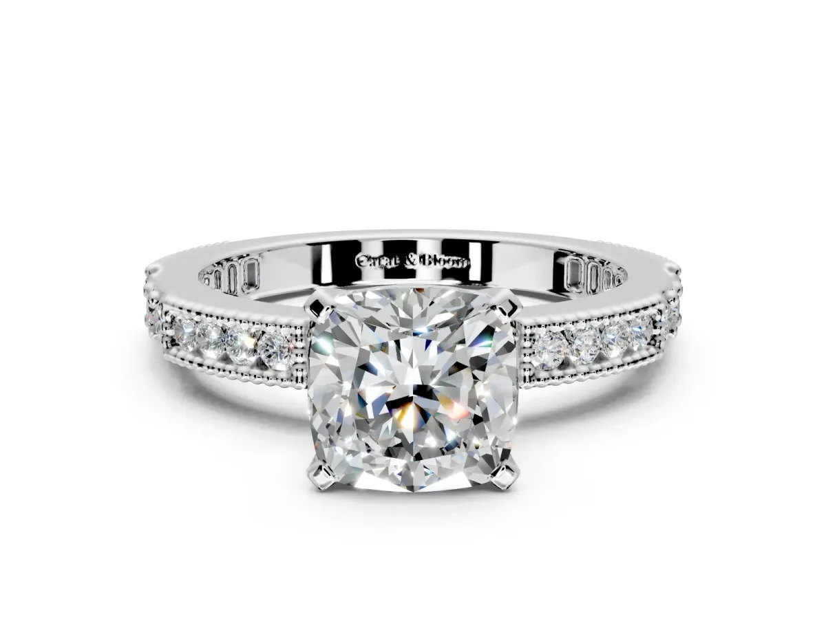 Solitaire Engagement Ring Setting for Cushion Cut Center with Milgrain-Edged Pave Band and Prong Head in Sterling Silver