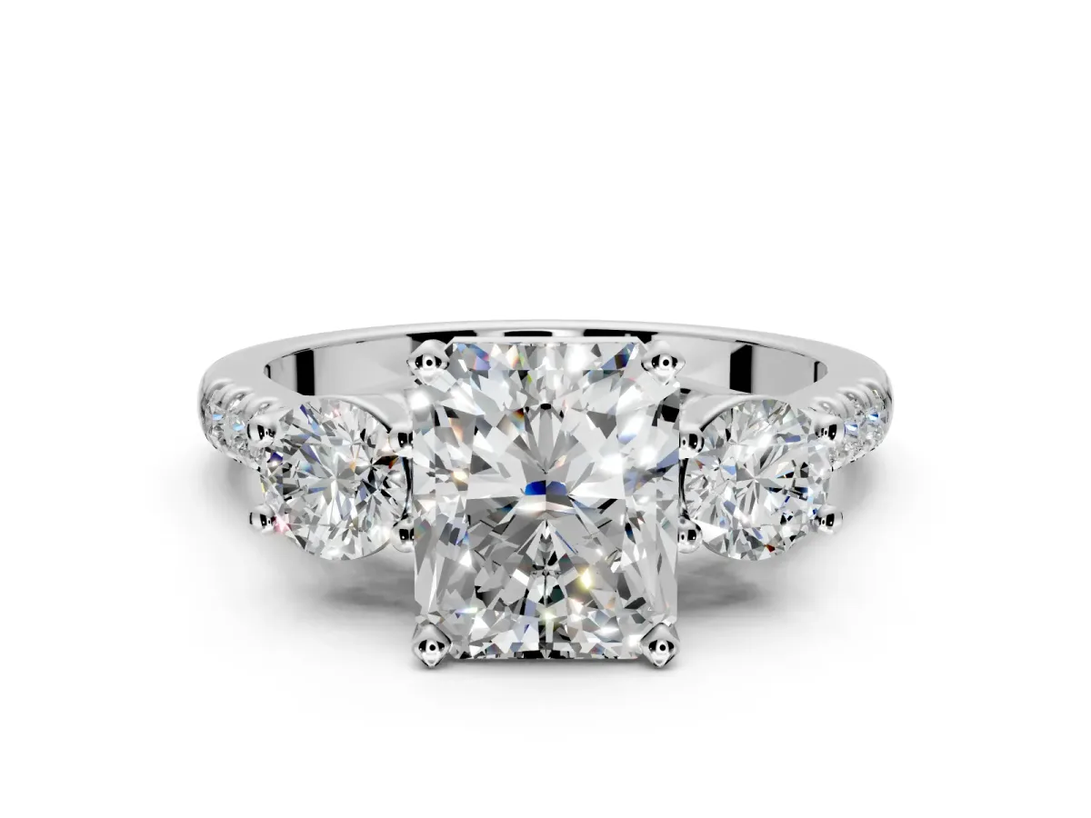 3 Stone Engagement Ring Setting for Radiant Cut Center with Crossover Basket, Pave Band and Prong Head in White Gold