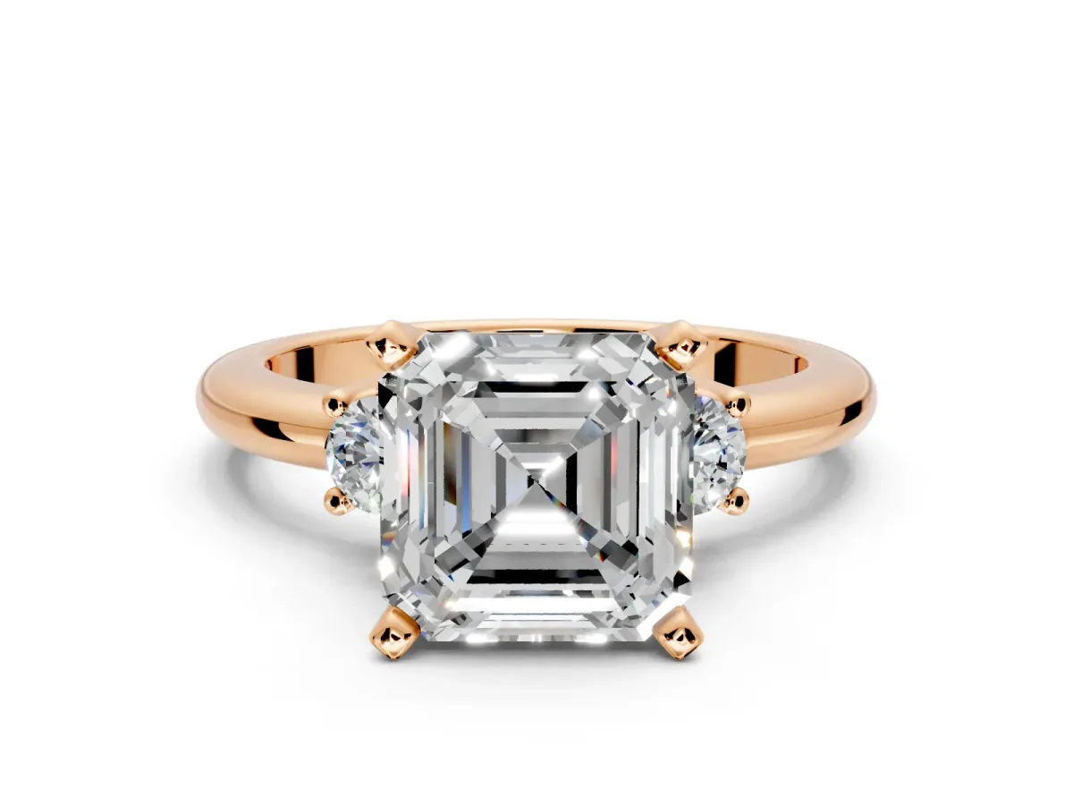 3 Stone Engagement Ring Setting for Asscher Cut Center with Wide Plain Band and Prong Head in Rose Gold