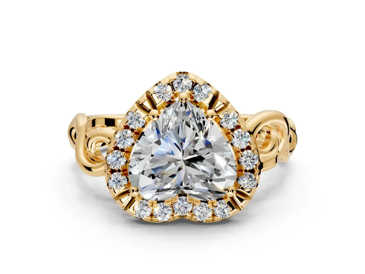 Halo Engagement Ring Setting for Heart-Shaped Center with Open Scroll Shoulders and Prong Head in Yellow Gold