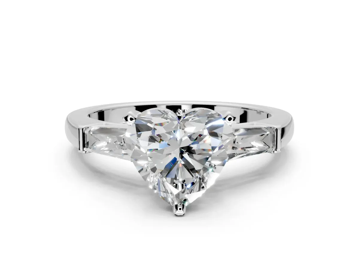 3 Stone Engagement Ring Setting for Heart-Shaped Center with Tapered Baguettes, Plain Band and Prong Head in Sterling Silver
