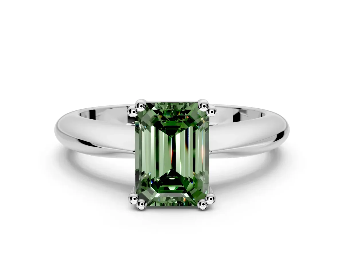 Solitaire Engagement Ring Setting for Fancy Green Emerald Cut Center with Reverse Tapered Band and Prong Head in Platinum
