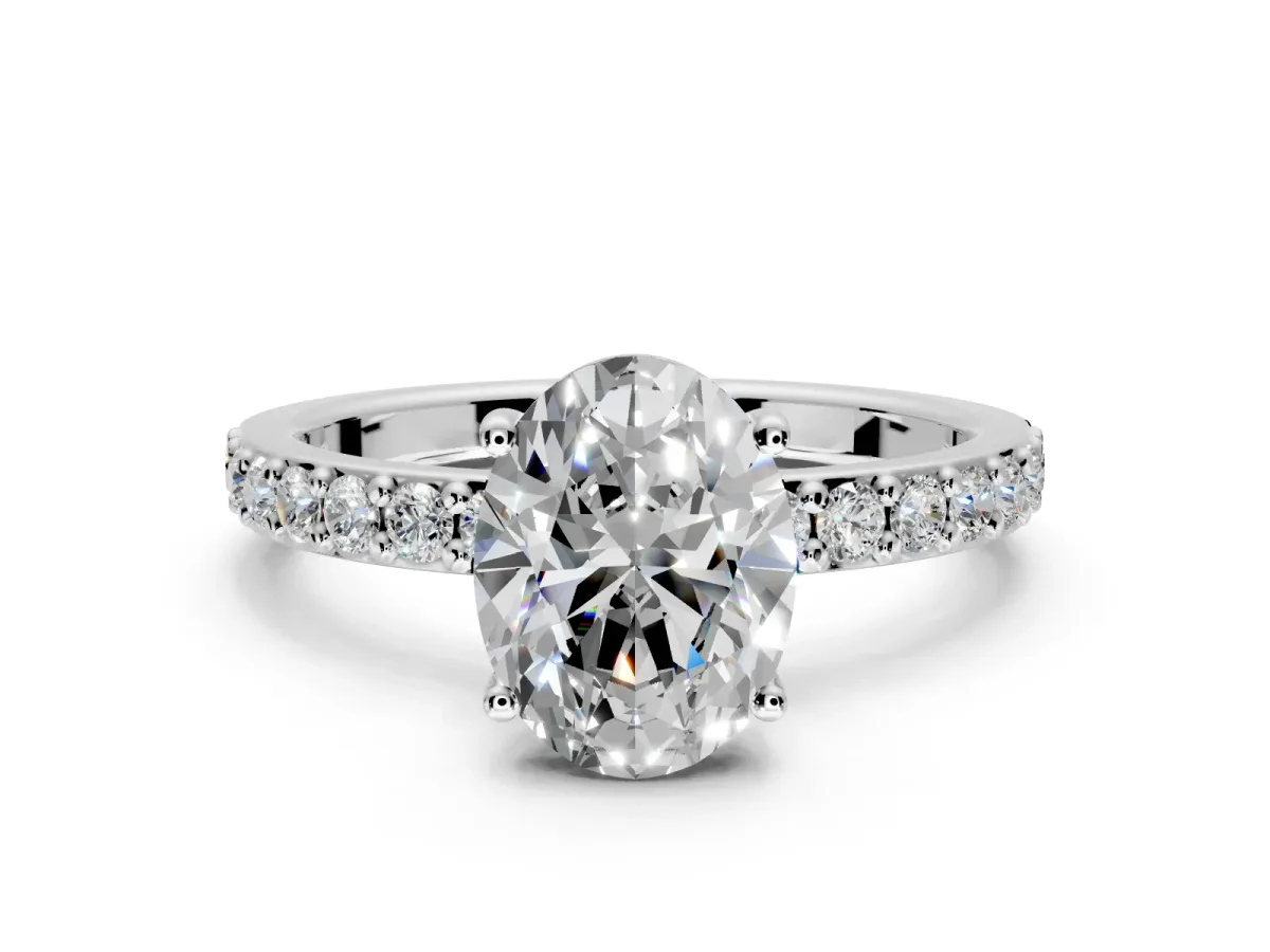 Solitaire Engagement Ring Setting for Oval Center with Round Cut Pave Band and Prong Head in Sterling Silver