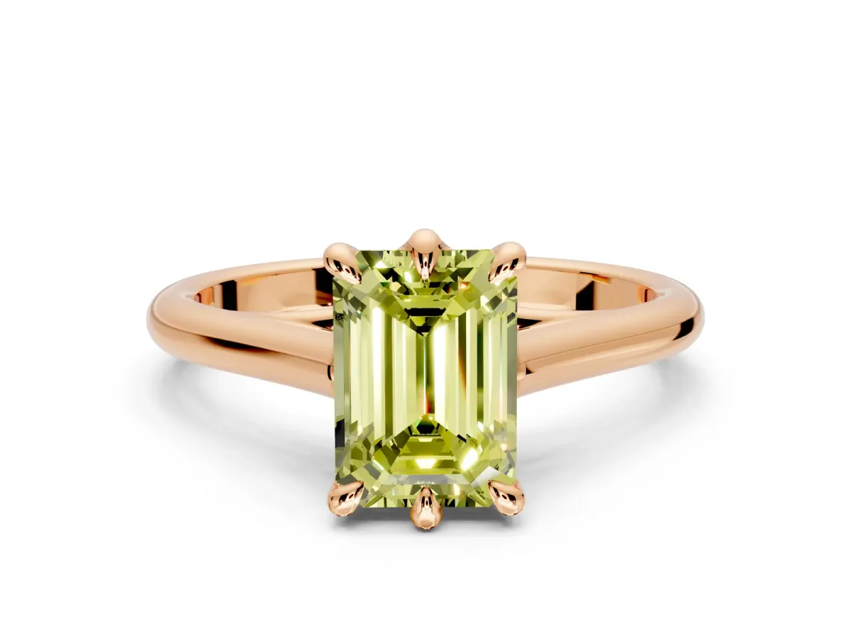 Solitaire Engagement Ring Setting for Fancy Yellow Emerald Cut Center with Cathedral Band and Prong Head in Rose Gold