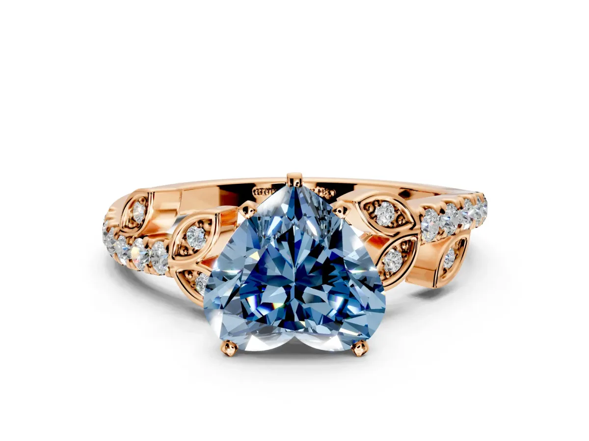 Leaf Motif Engagement Ring Setting for Fancy Blue Heart-Shaped Center with Pave Band and Prong Head in Rose Gold
