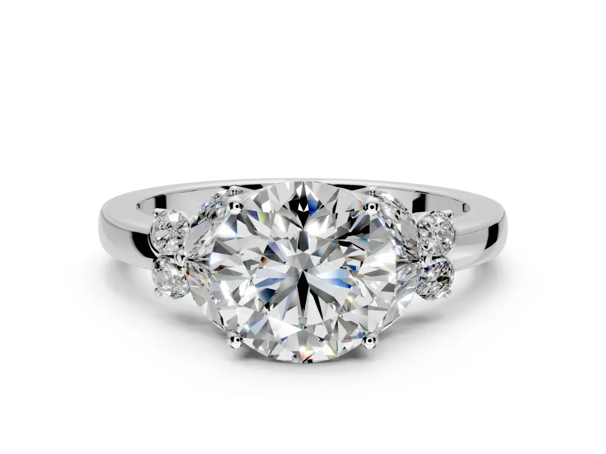 Solitaire Engagement Ring Setting for Round Cut Center with Marquise Flower Shoulders and Prong Head in White Gold