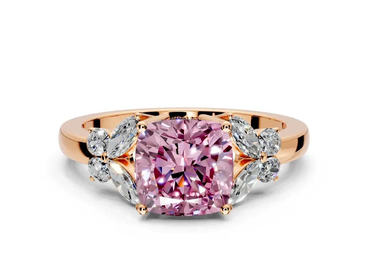 Solitaire Engagement Ring Setting for Fancy Pink Cushion Cut Center with Marquise Flower Shoulders and Prong Head in Rose Gold