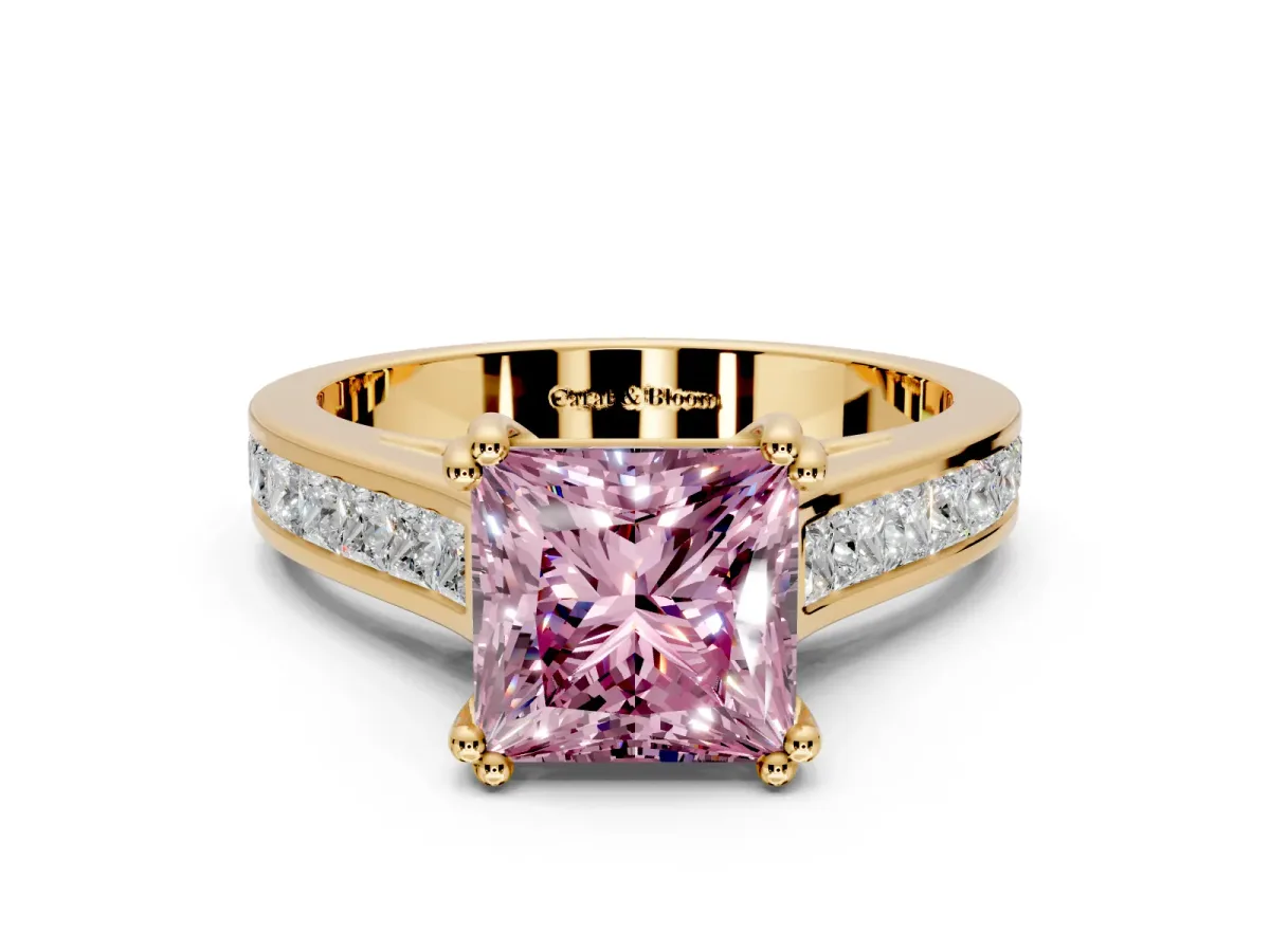 Solitaire Engagement Ring Setting for Fancy Pink Princess Cut Center with Channel Band and Double Claw Prong Head in Yellow Gold