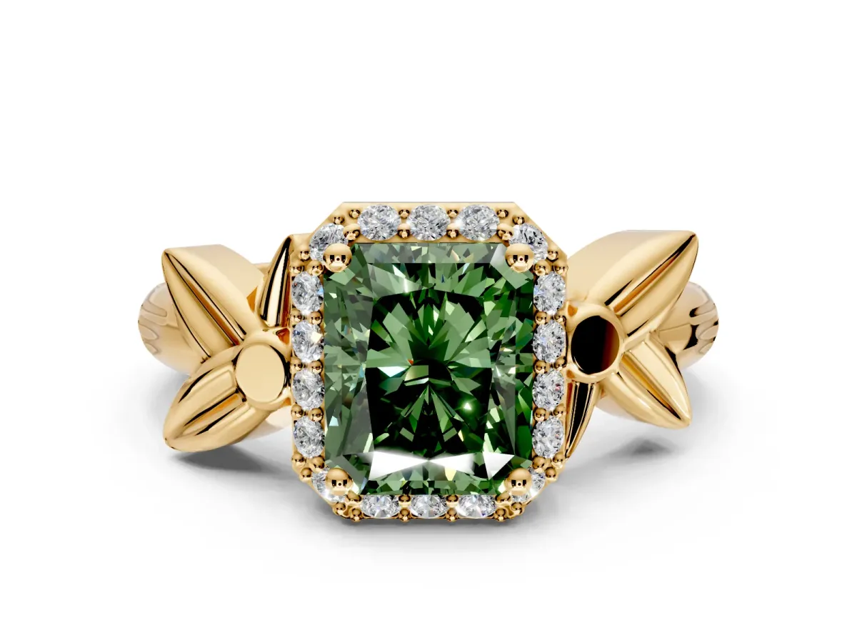 Halo Engagement Ring Setting for Fancy Green Radiant Cut Center with Floral Band and Prong Head in Yellow Gold