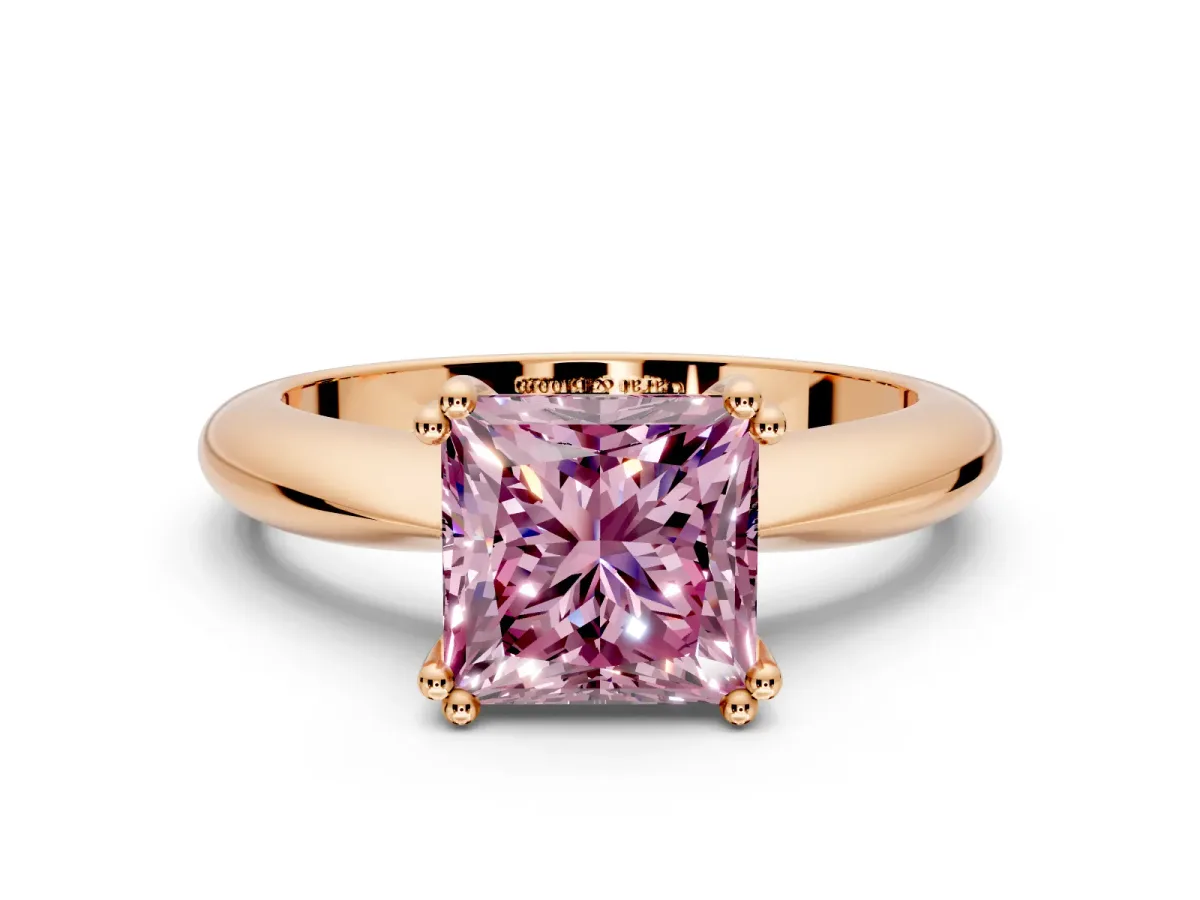 Solitaire Engagement Ring Setting for Fancy Pink Princess Cut Center with Reverse Tapered Band and Prong Head in Rose Gold