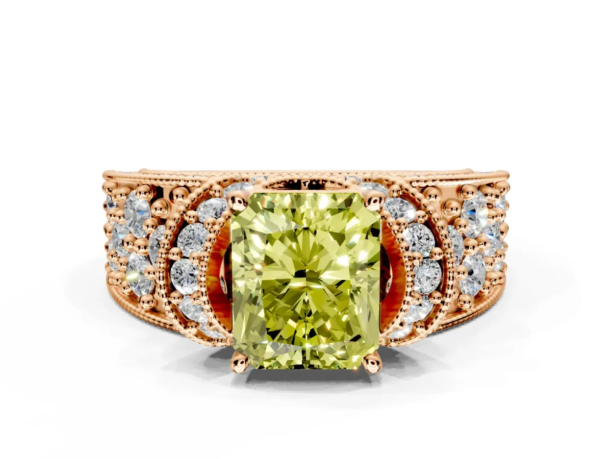 Pave Engagement Ring Setting for Fancy Yellow Radiant Cut Center with Curved Accent Rows, Openwork and Prong Head in Rose Gold