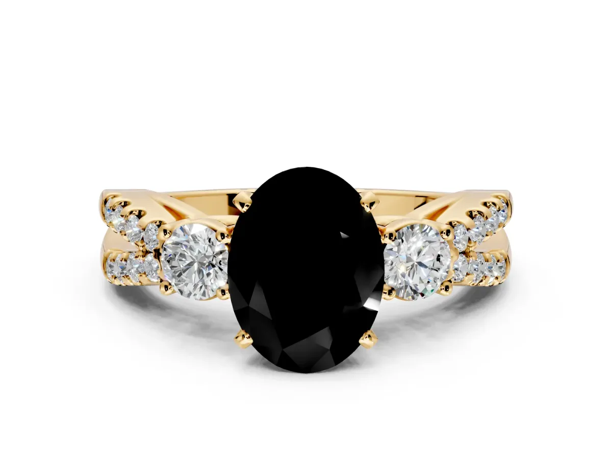 3 Stone Engagement Ring Setting for Fancy Black Oval Center with Pave Split Shank and Prong Head in Yellow Gold
