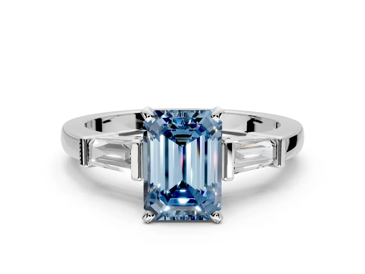3 Stone Engagement Ring Setting for Fancy Blue Emerald Cut Center with Channel Baguette Accents and Prong Head in Platinum