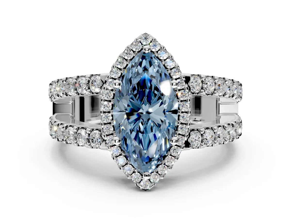 Halo Engagement Ring Setting for Fancy Blue Marquise Center with Wide-Open Pave Split Shank and Prong Head in Sterling Silver