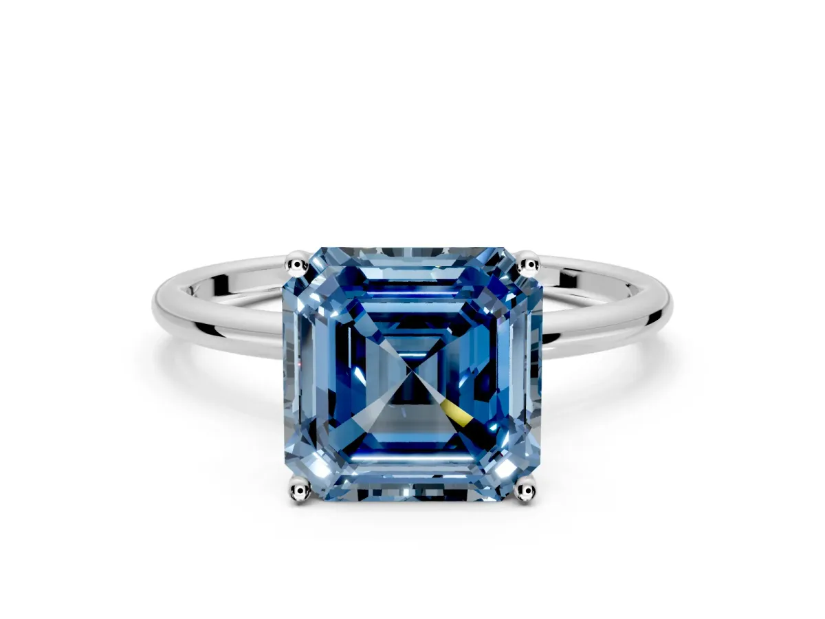 Solitaire Engagement Ring Setting for Fancy Blue Asscher Cut Center with Straight Thin Band and Prong Head in Platinum