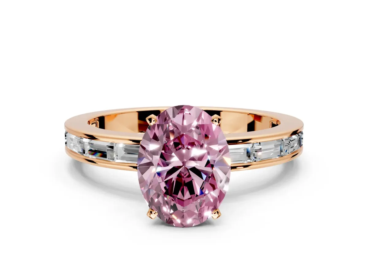Solitaire Engagement Ring Setting for Fancy Pink Oval Center with Channel Baguette Band and Prong Head in Rose Gold