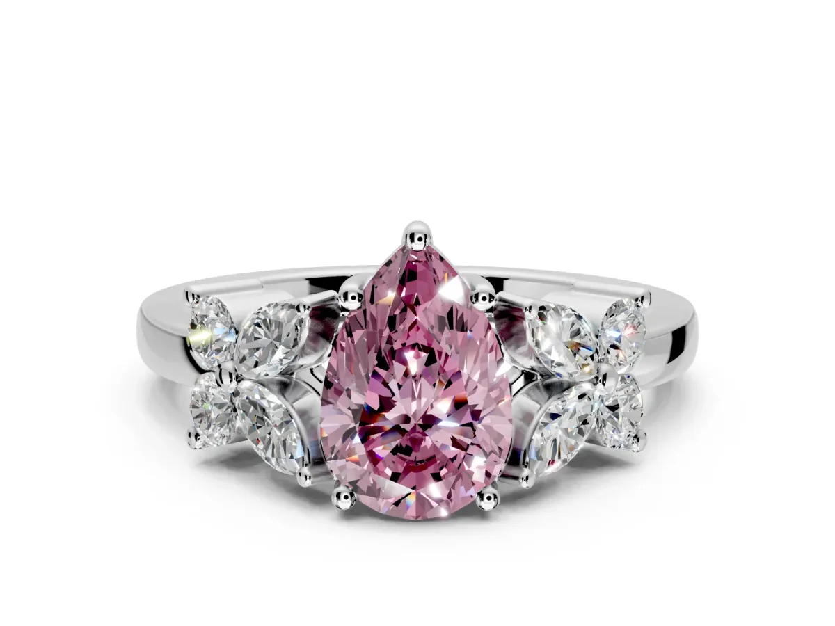 Floral Engagement Ring Setting for Fancy Pink Pear-Shaped Center with Marquise Cluster Shoulders and Prong Head in Platinum