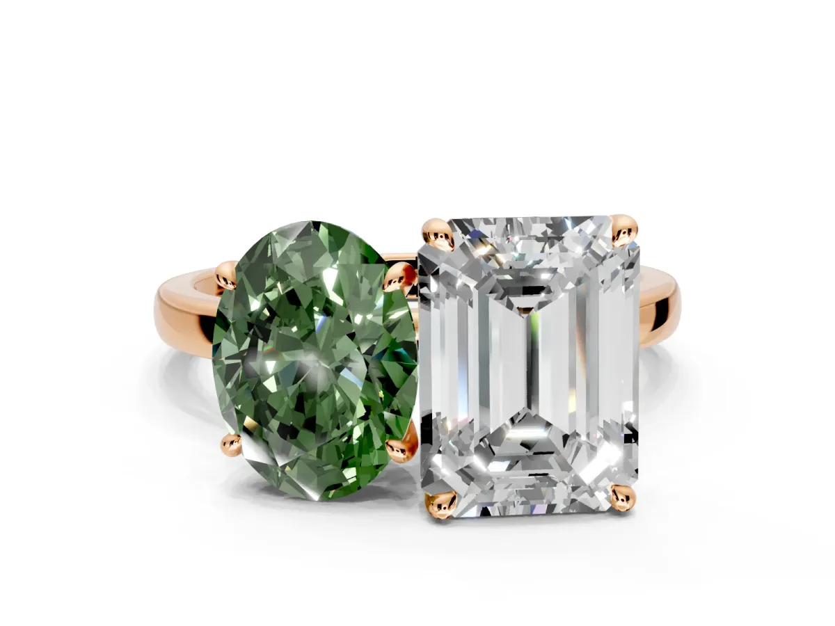Fancy Green Oval and Emerald Cut Lab-Grown Diamond Toi et Moi Engagement Ring with Prong-Set Stones in Rose Gold