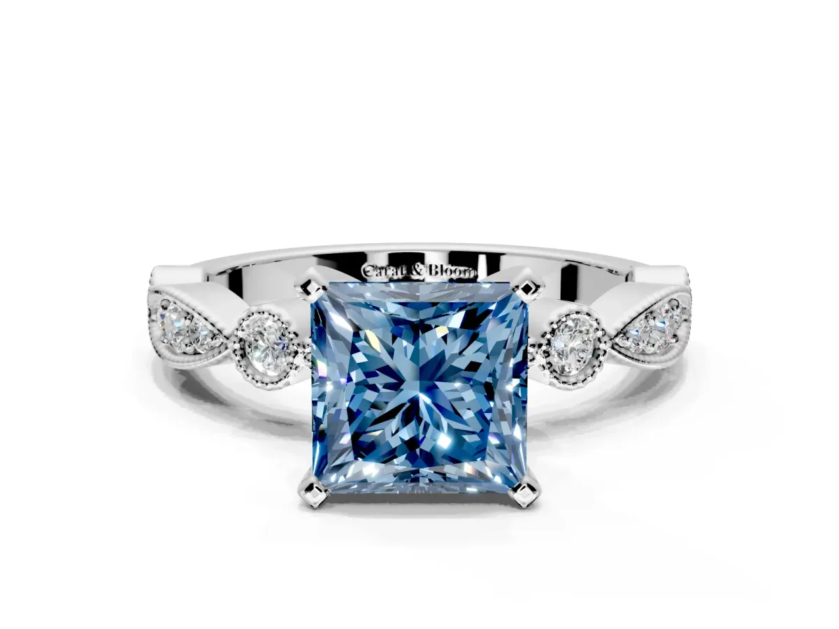 Solitaire Engagement Ring Setting for Fancy Blue Princess Cut Center with Milgrain Bezel Accents and Prong Head in White Gold