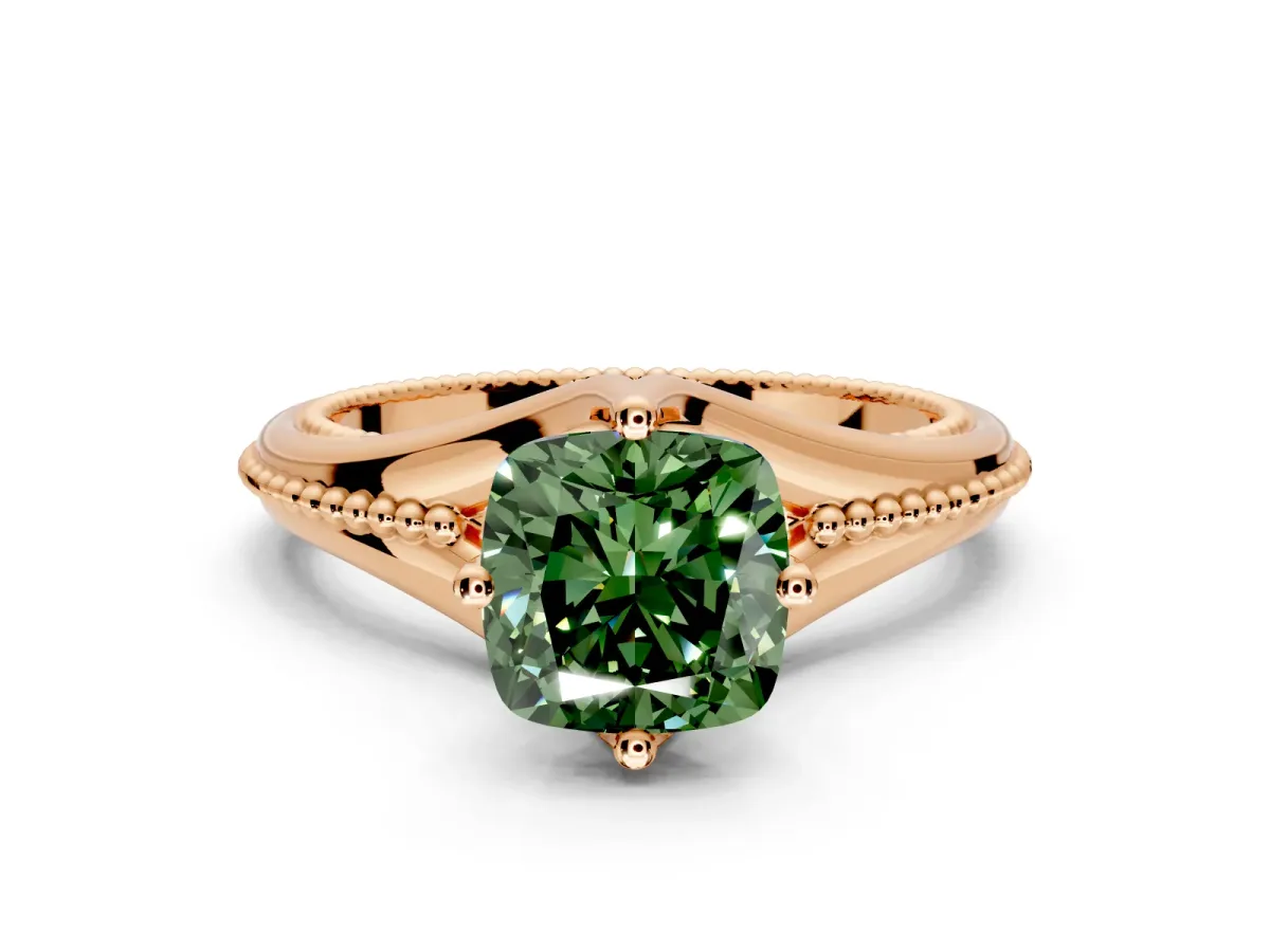 Solitaire Engagement Ring Setting for Fancy Green Cushion Cut Center with Milgrain Cathedral Band and Prong Head in Rose Gold