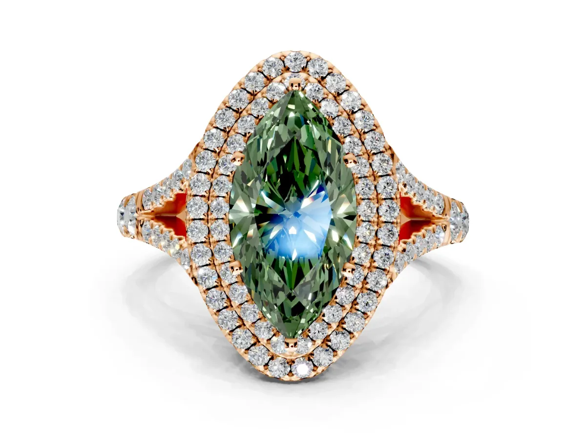 Double Halo Engagement Ring Setting for Fancy Green Marquise Center with Narrow Pave Split Shank and Prong Head in Rose Gold