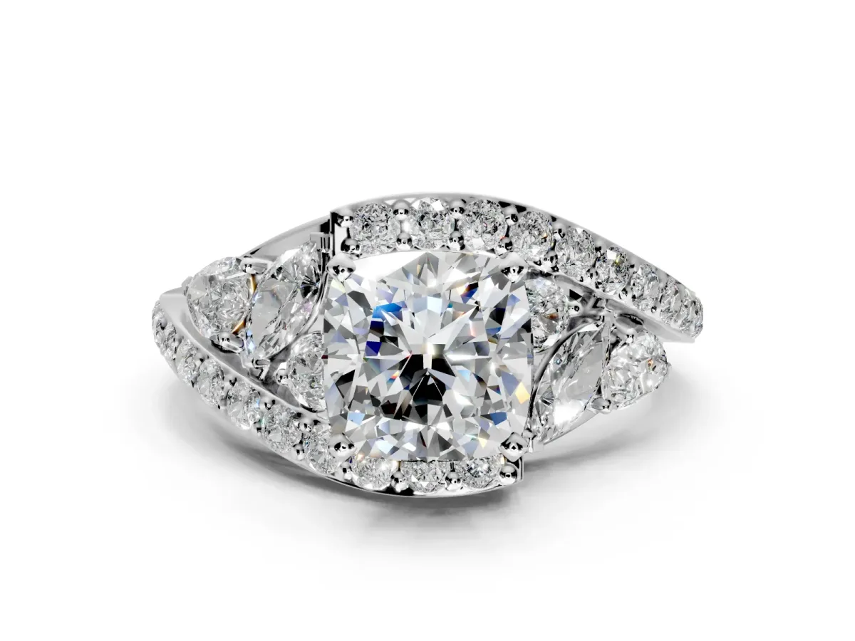 Halo Engagement Ring Setting for Cushion Cut Center with Marquise and Pave Bypass Band and Prong Head in Sterling Silver