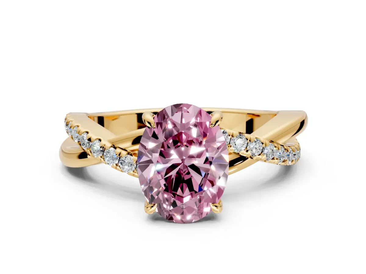 Crossover Engagement Ring Setting for Fancy Pink Oval Center with Pave and Plain Strands and Prong Head in Yellow Gold