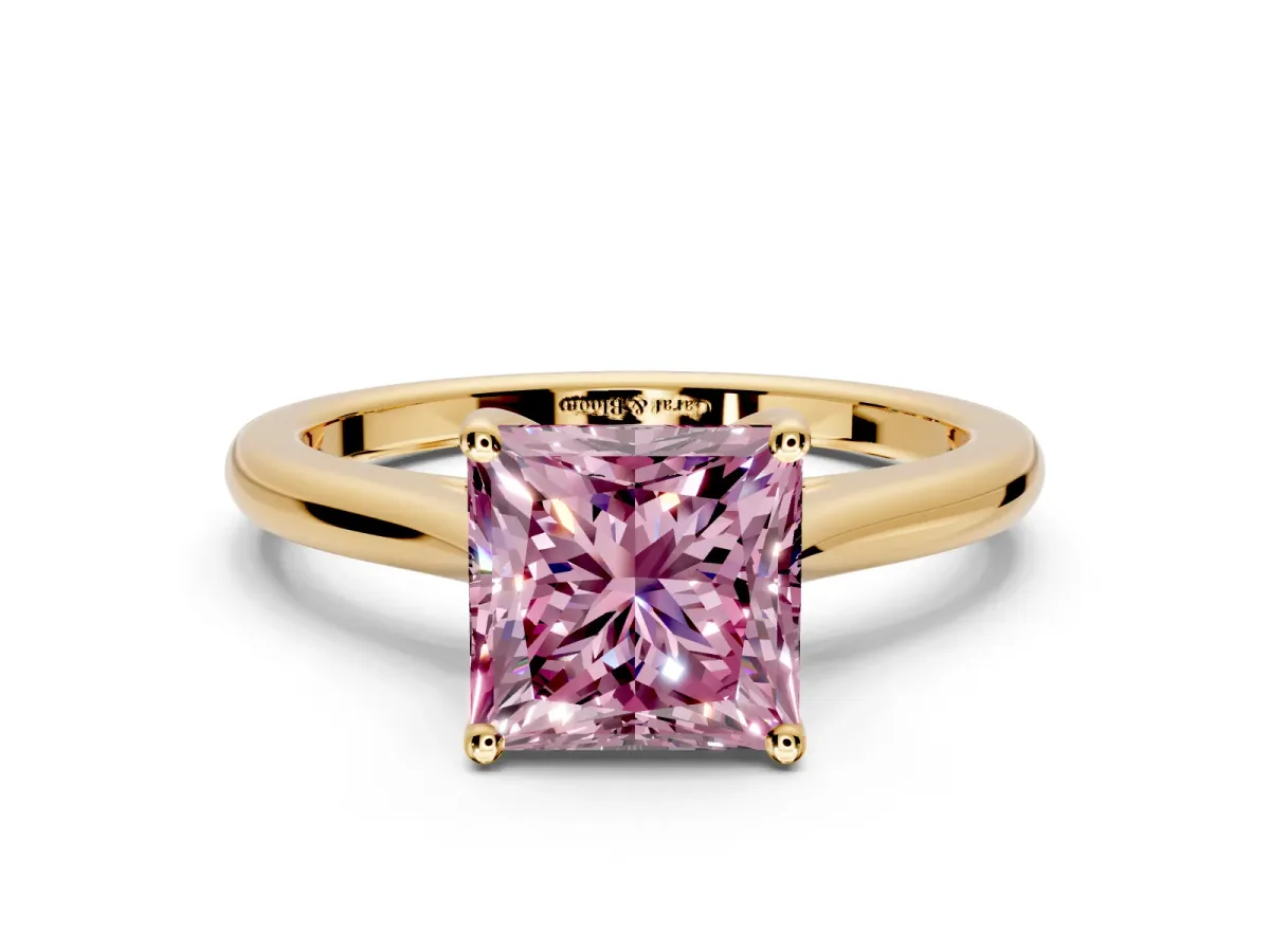 Solitaire Engagement Ring Setting for Fancy Pink Princess Cut Center with Narrow Cathedral Band and Prong Head in Yellow Gold